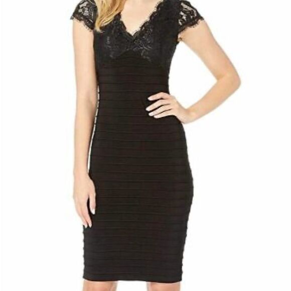 Adrianna Papell Black Dress Size 12 Bandage Lace Sheath LBD Bodycon cocktail NEW - Picture 1 of 4